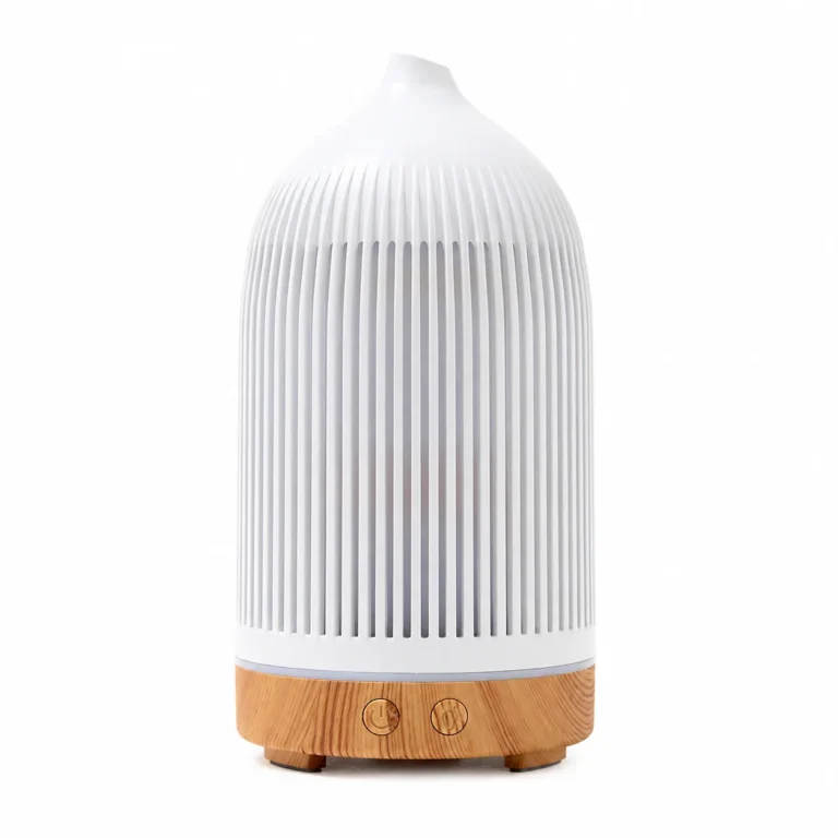 White Plastic Ribbed Electric Aroma Diffuser with Wood Effect